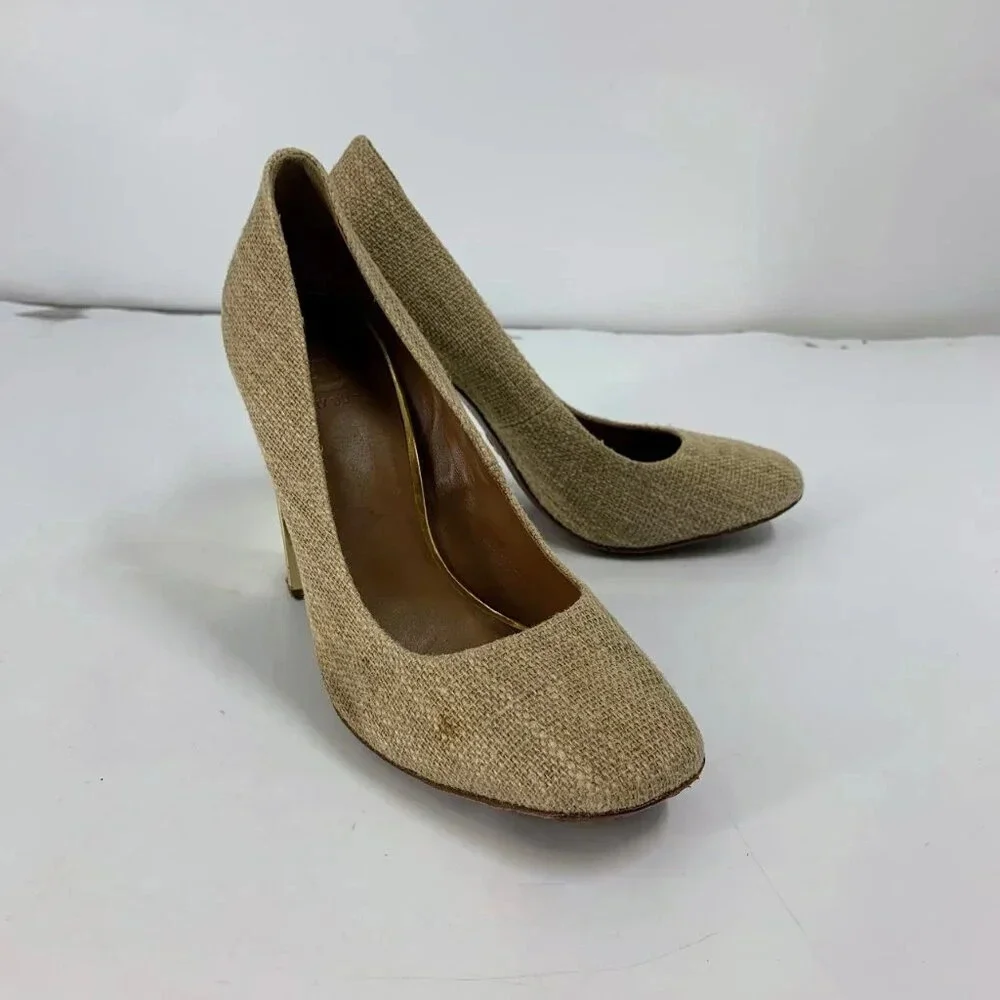 Tory Burch Women's JMadison 105 Burlap Woven‎ Heel Pumps Size 9.5